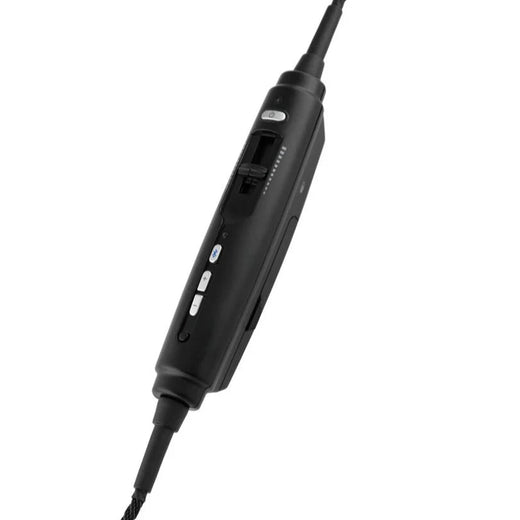 Black audio cable with control buttons on a white background