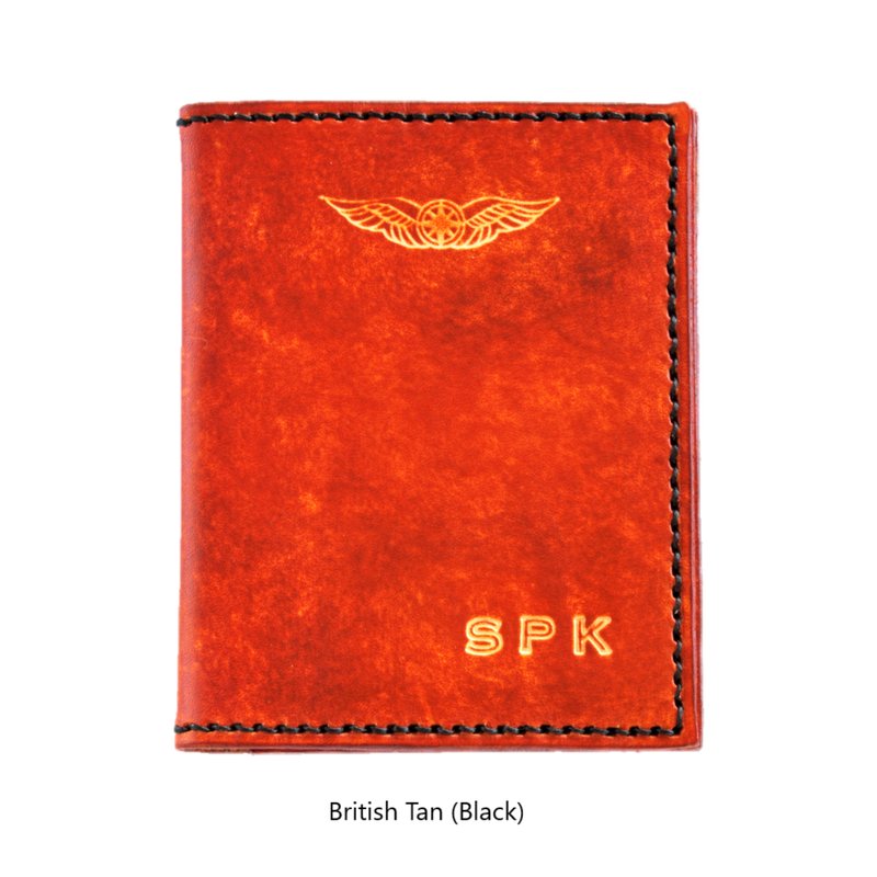 Sparrowhawk Premium Passport & Card Wallet- Hand Dyed with Embossed Initials British Tan with Black Stitching Wallets & Licence Holders by Sparrowhawk | Downunder Pilot Shop