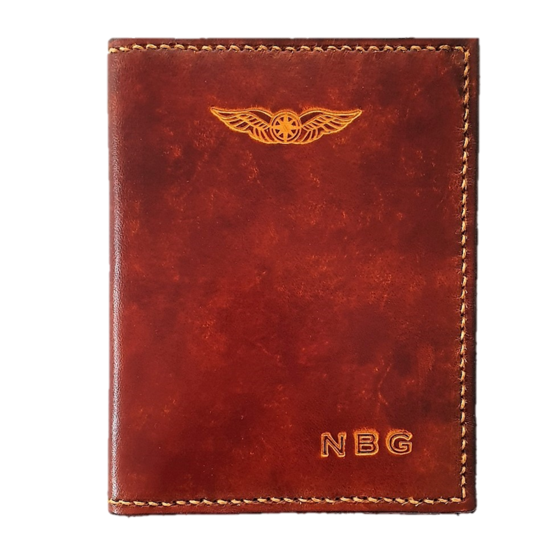 Sparrowhawk Premium Passport & Card Wallet- Hand Dyed with Embossed Initials Medium Brown with Butterscotch Stitching Wallets & Licence Holders by Sparrowhawk | Downunder Pilot Shop