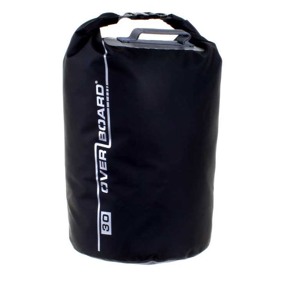 A black waterproof dry bag with white vertical branding text reading 'OVERBOARD 30' on a plain white background.