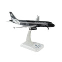 A scale model of an Air New Zealand Airbus A320neo on a white display stand, featuring the airline's black and silver livery.