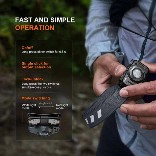 Person holding a flashlight with on/off, lockout, and mode switching instructions displayed.