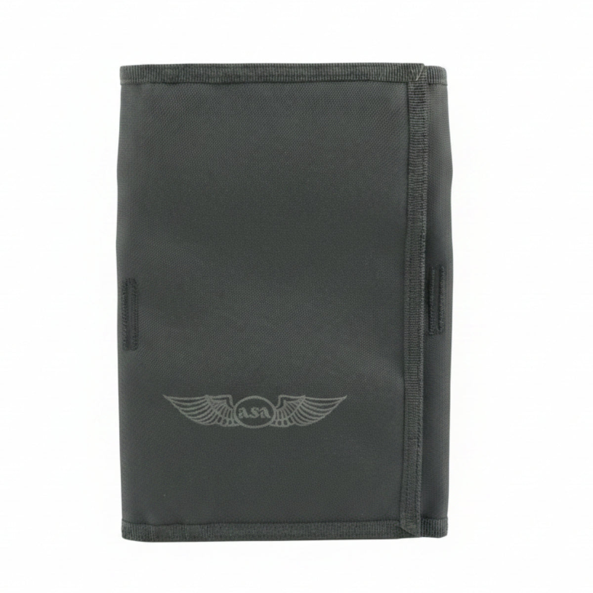 A dark gray fabric pouch or wallet with a debossed winged insignia logo featuring the letters 'ASA' on the front, set against a plain white background.