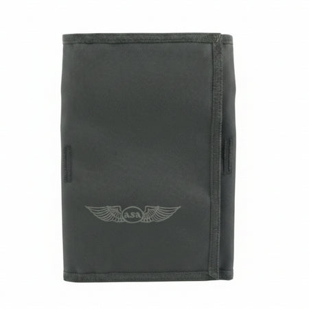 A dark gray fabric pouch or wallet with a debossed winged insignia logo featuring the letters 'ASA' on the front, set against a plain white background.