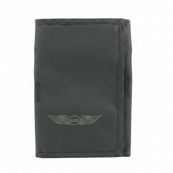 A dark gray fabric pouch or wallet with a debossed winged insignia logo featuring the letters 'ASA' on the front, set against a plain white background.