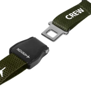 Green seat belt keychain with 'CREW' and 'NOAH' branding on a white background