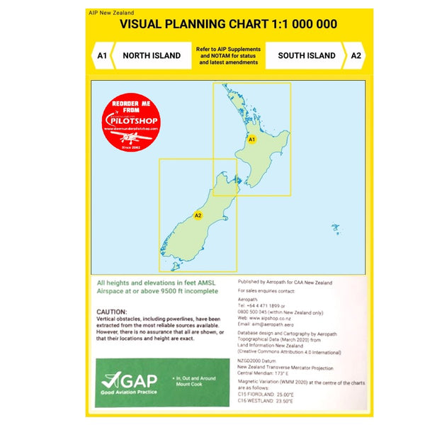 A1/A2 Visual Planning Chart - North Island/South Island (1:1,000,000) – 1 Dec 2023 Aviation Charts by Airways | Downunder Pilot Shop