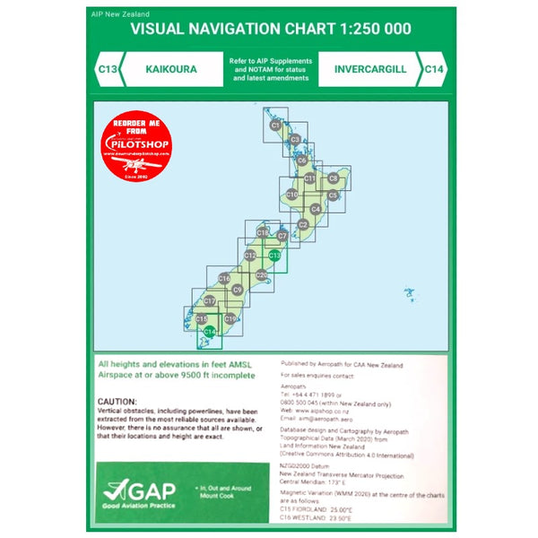 C13/C14 VNC Kaikoura/Invercargill - (1:250,000) – 1 Dec 2023 Aviation Charts by Airways | Downunder Pilot Shop