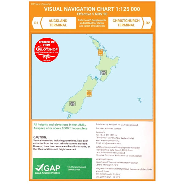 D1/D2 VNC Auckland/Christchurch - (1:125,000) – 1 Dec 2023 Aviation Charts by Airways | Downunder Pilot Shop