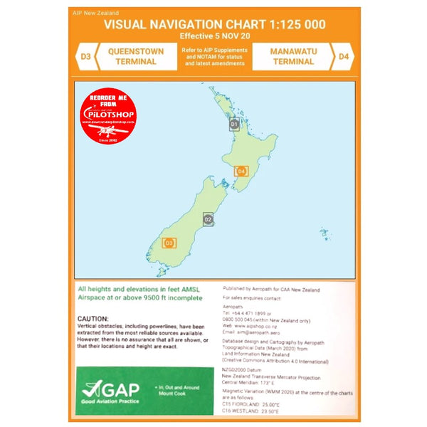 D3/D4 VNC Queenstown/Manawatu - (1:125,000) – 1 Dec 2023 Aviation Charts by Airways | Downunder Pilot Shop