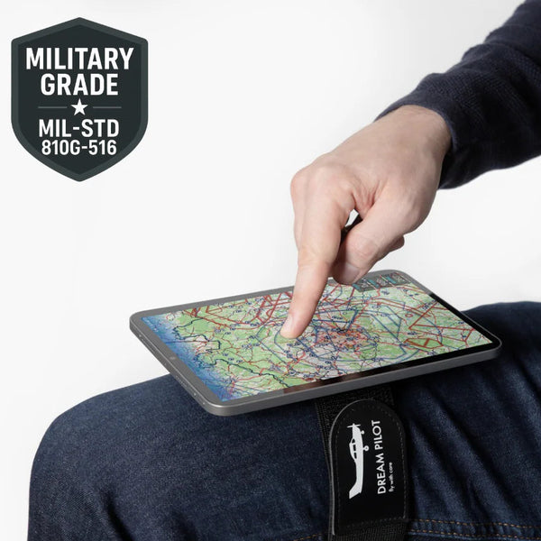 Person using a tablet with a map on a white background, featuring a military-grade certification badge.