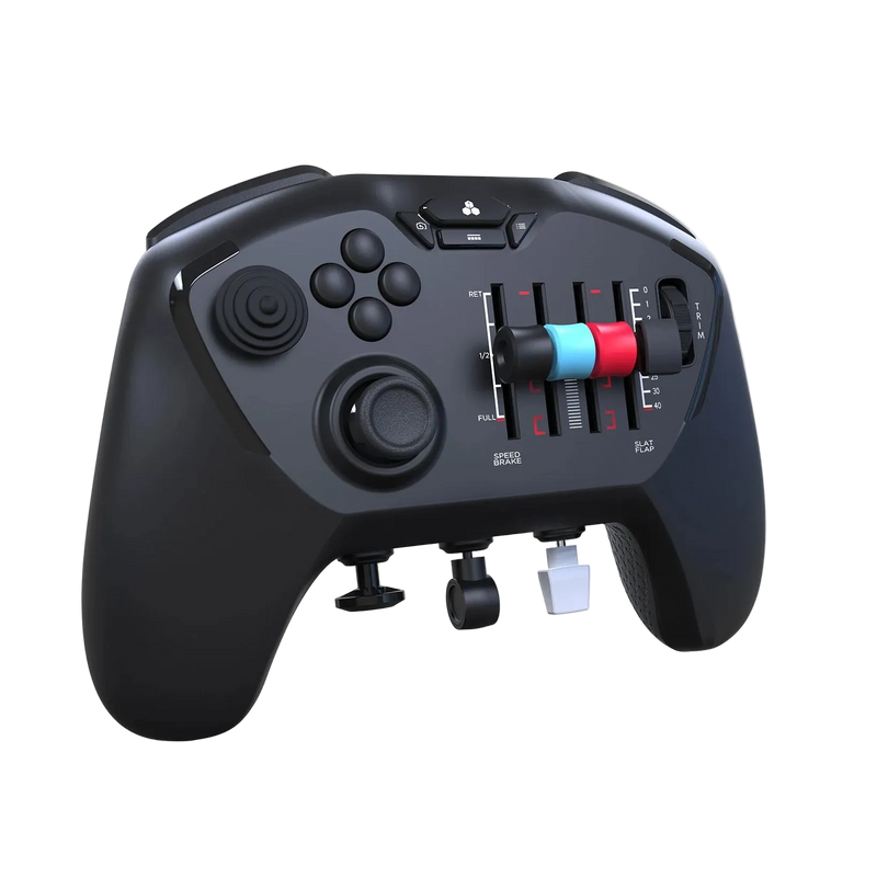 Black gaming controller with multiple buttons and joysticks on a white background