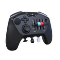Black gaming controller with multiple buttons and joysticks on a white background