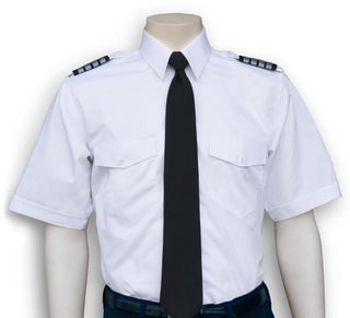 White pilot uniform shirt with black tie on a mannequin against a white background