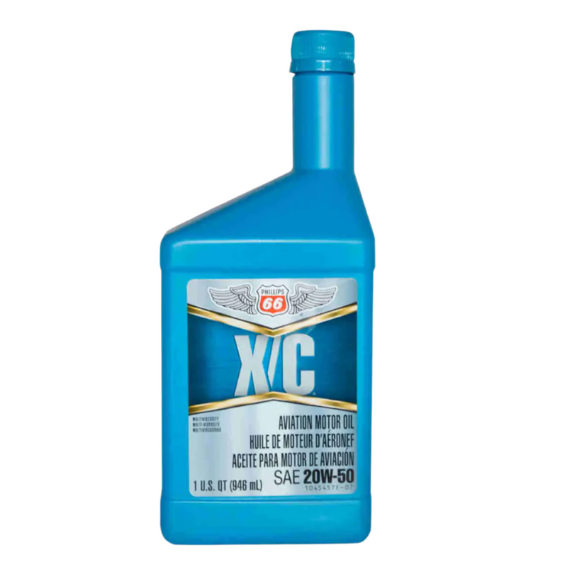 Blue bottle of X/C aviation motor oil with a white label on a white background