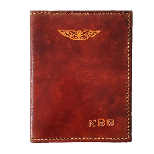 Sparrowhawk Premium Passport & Card Wallet- Hand Dyed with Embossed Initials Medium Brown with Butterscotch Stitching Wallets & Licence Holders by Sparrowhawk | Downunder Pilot Shop