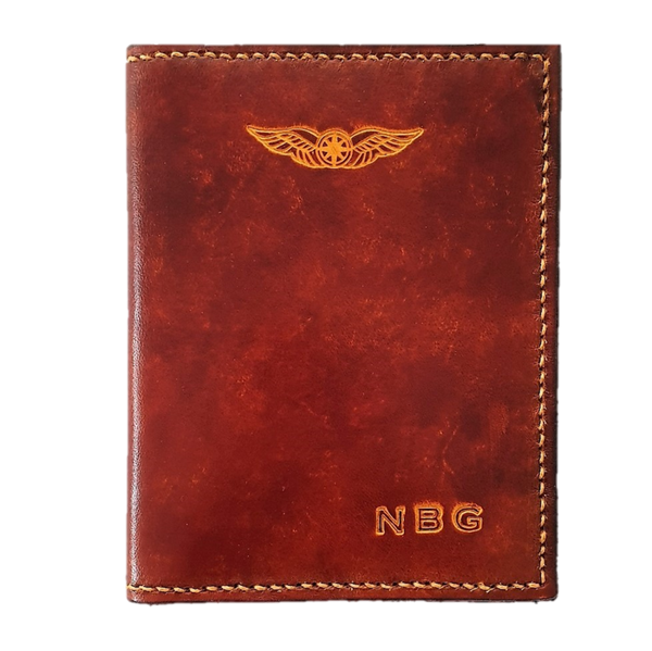 Sparrowhawk Premium Passport & Card Wallet- Hand Dyed with Embossed Initials Medium Brown with Butterscotch Stitching Wallets & Licence Holders by Sparrowhawk | Downunder Pilot Shop