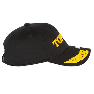 Black cap with yellow text and logo on a white background