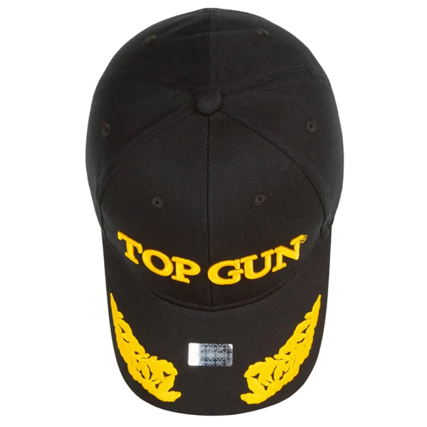 Black cap with yellow 'Top Gun' text and logo on a white background